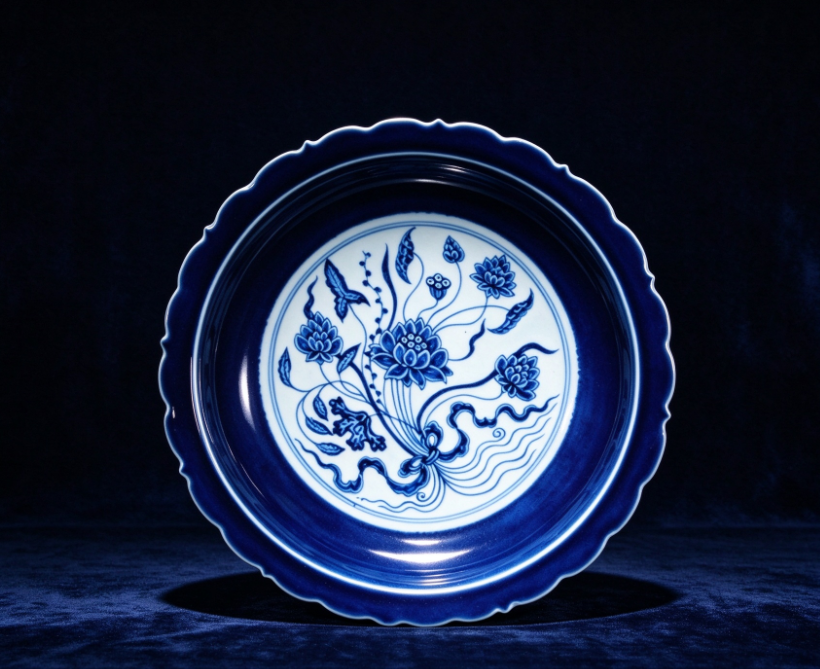 明永樂霽藍釉牡丹花外沿霽藍釉繪一束蓮祭天瓷盤