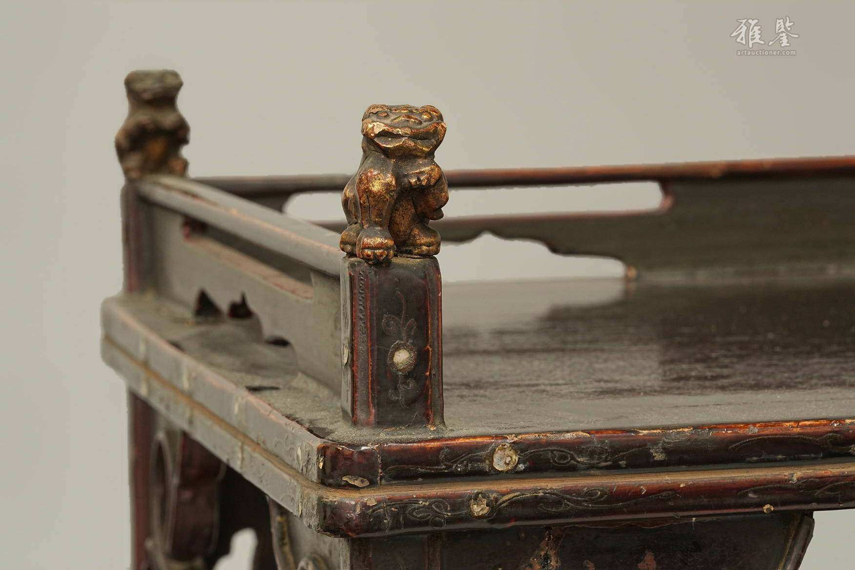 明末清初 嵌螺钿朱漆金彩茶棚 日本桐箱附